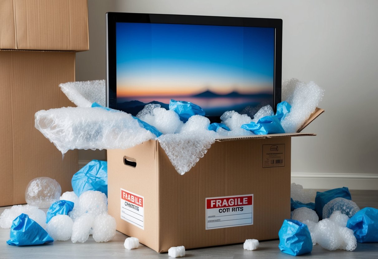 En flyttlåda fylld med en platt-TV, omgiven av bubbelplast och packningsskum. Etiketter anger ömtåligt innehåll.