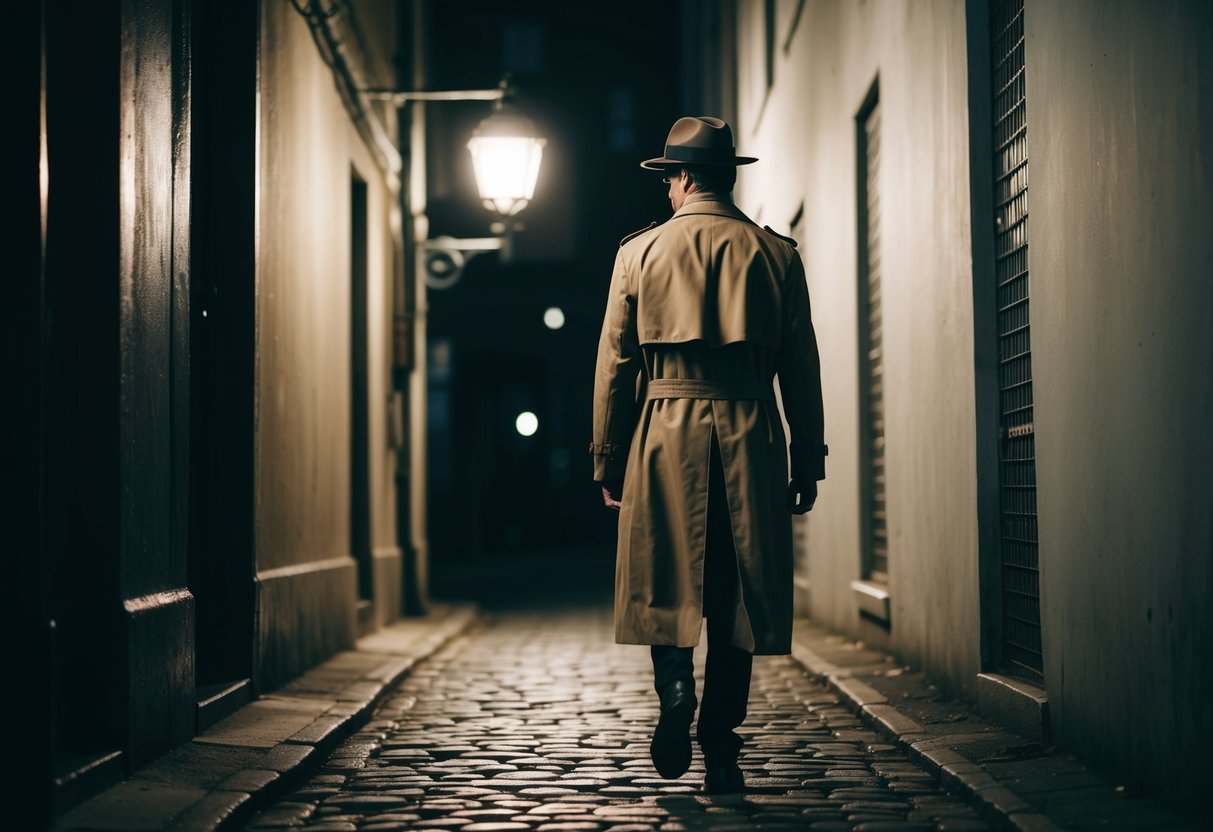 En figur i trenchcoat och fedora går genom en svagt upplyst gränd, och kastar en försiktig blick över axeln. Ljuset från en gatulampa kastar långa skuggor över den kullerstensbelagda marken.